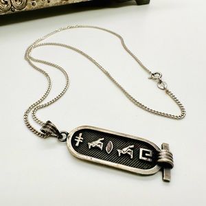 Vintage Silver Egyptian Hieroglyphics Cartouche Pendant Necklace